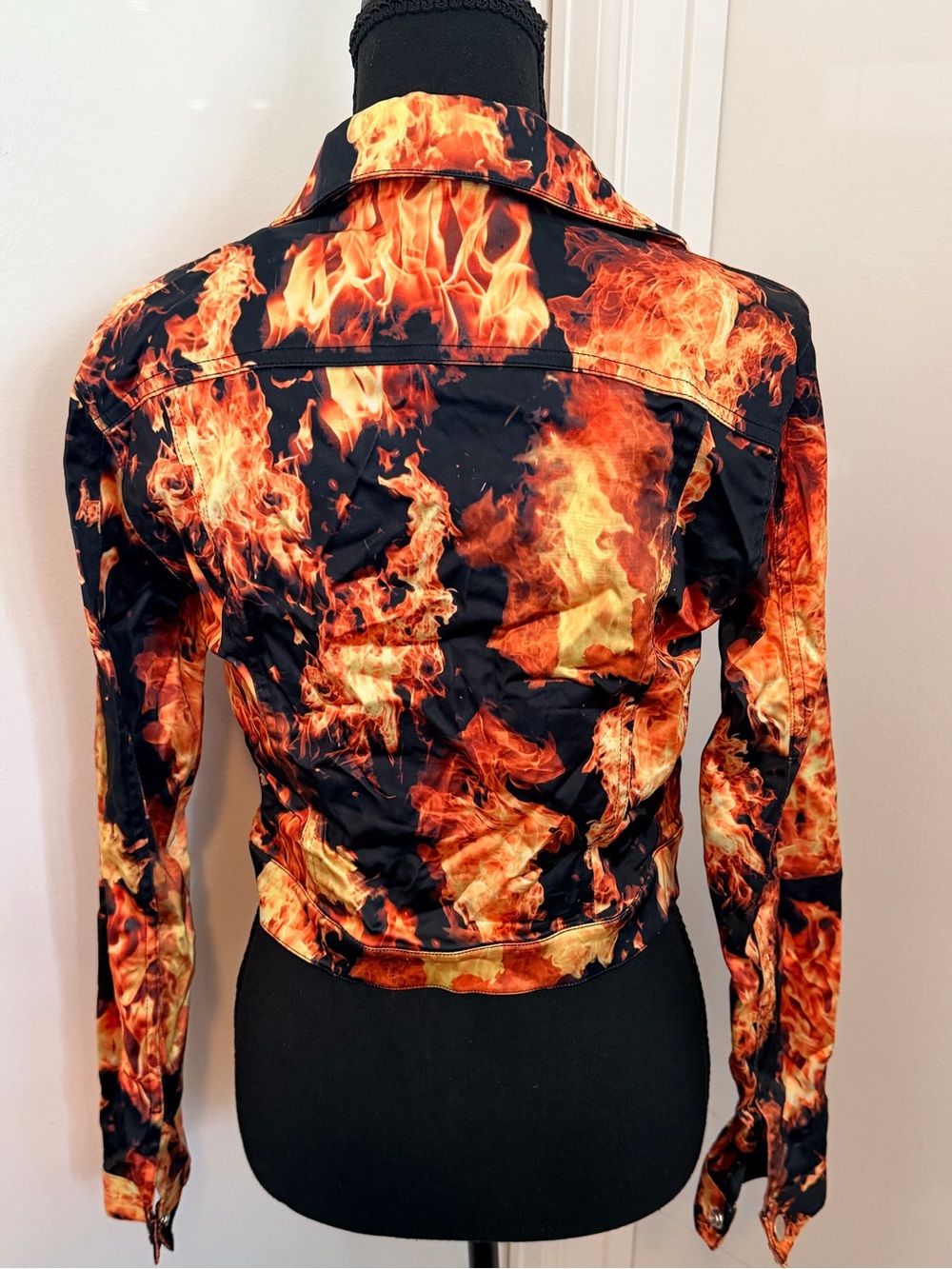 Dolls Kill Black Bomber Jacket with Orange Flame Print - Picture 2 of 2